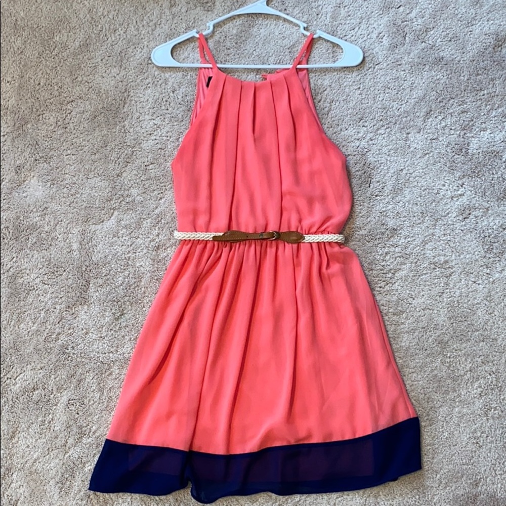 Iz Byer pink and navy dress with belt